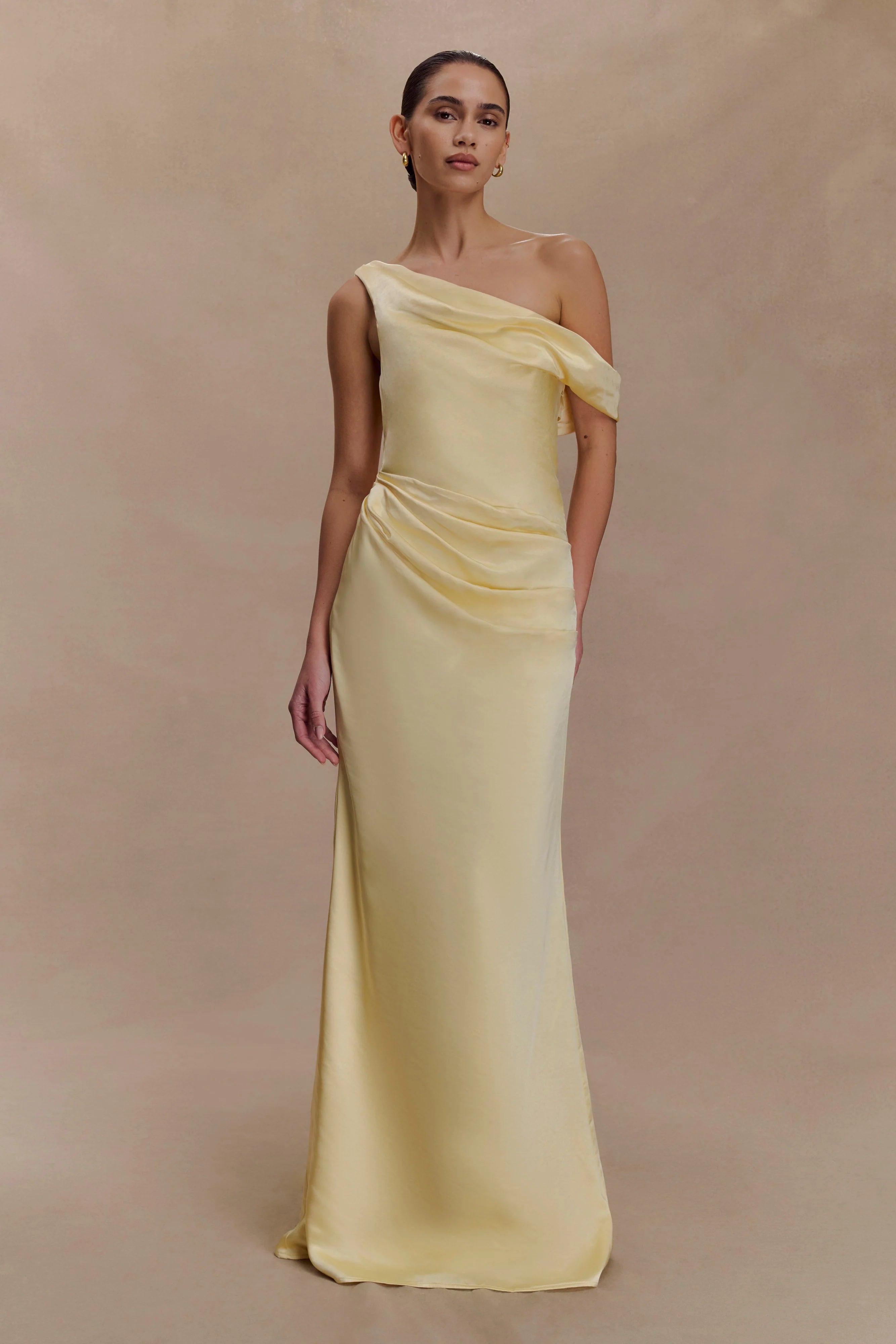 Dalia Off Shoulder Satin Maxi Dress - Lemon