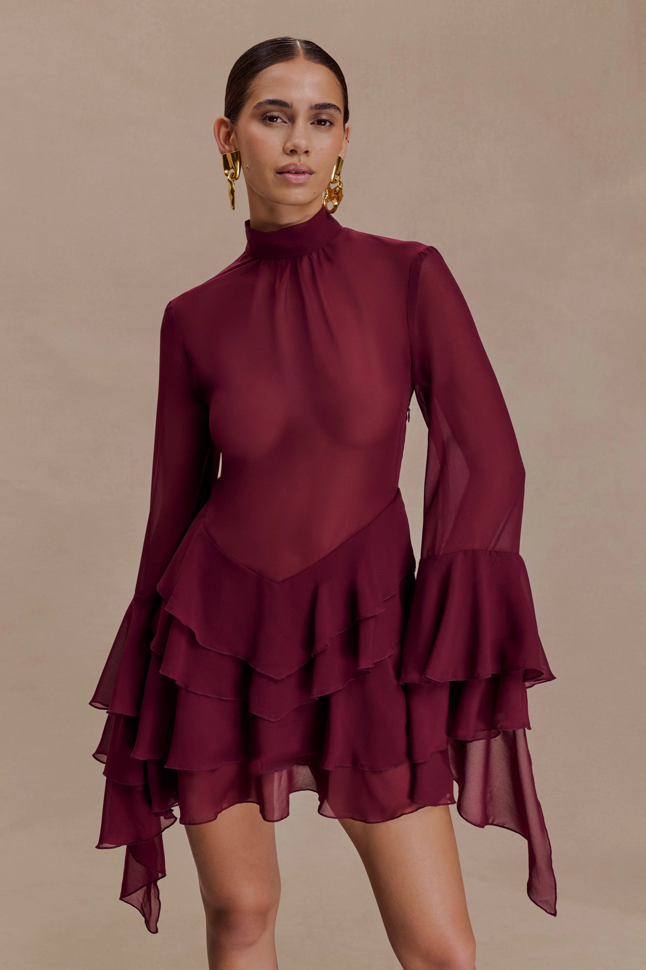 Nimah Chiffon Ruffle Mini Dress - Wine