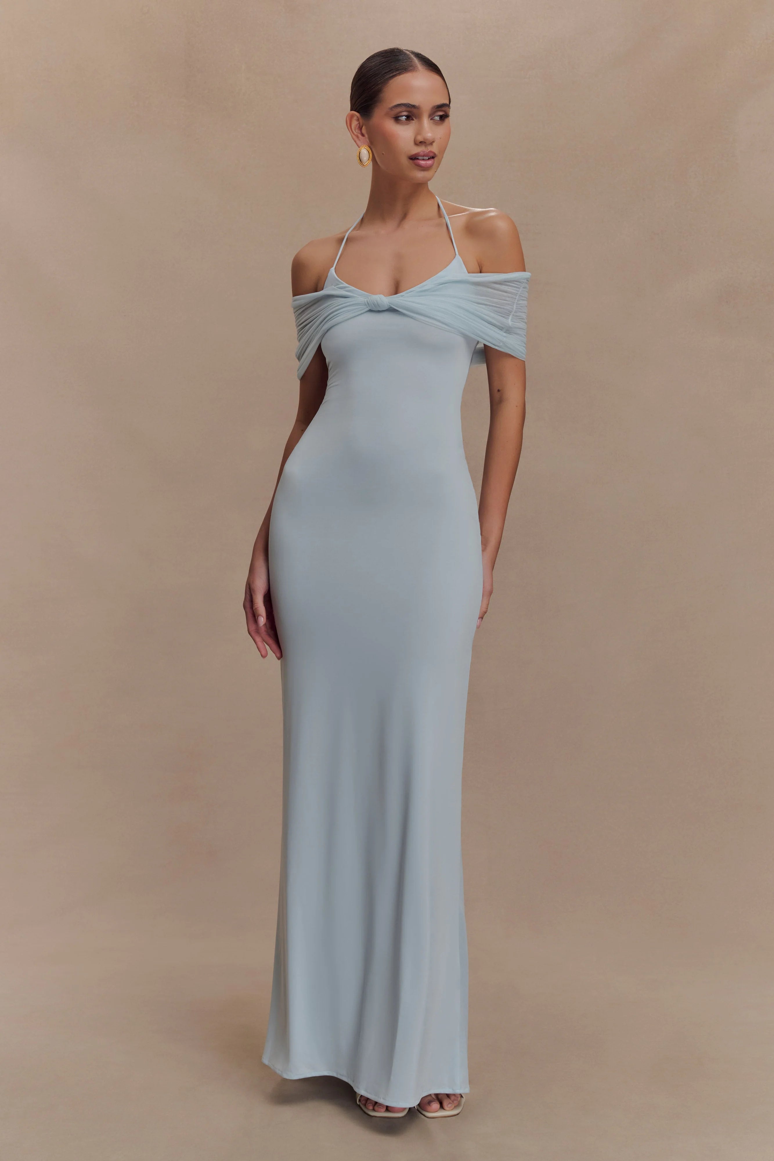 Bernadina Mesh And Slinky Halter Maxi Dress - Pale Blue